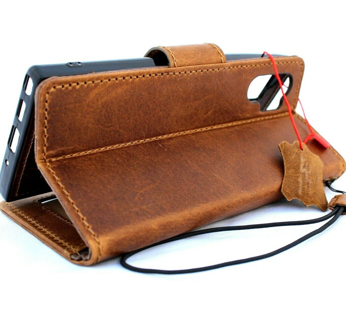 Handmade genuine full tanned leather Samsung Galaxy Note 10 Plus case with wallet slots, removable ID window, and wireless charging compatibility.