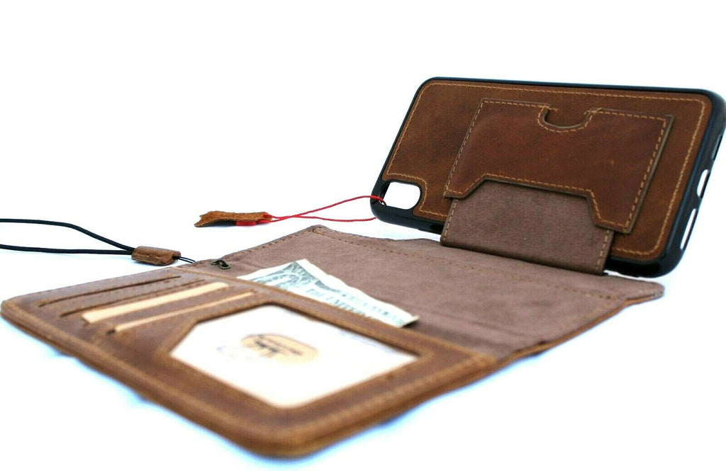 Handmade genuine leather iPhone XS Max case by DAVISCASE with card slots, removable stand, soft rubber grip, ideal for wireless charging.