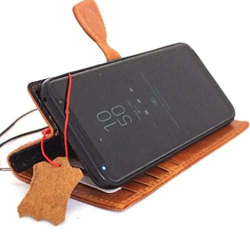 Genuine vintage full leather Samsung Galaxy S8 Plus wallet case with magnetic closure, brown strap, slim design, handmade leather cover.