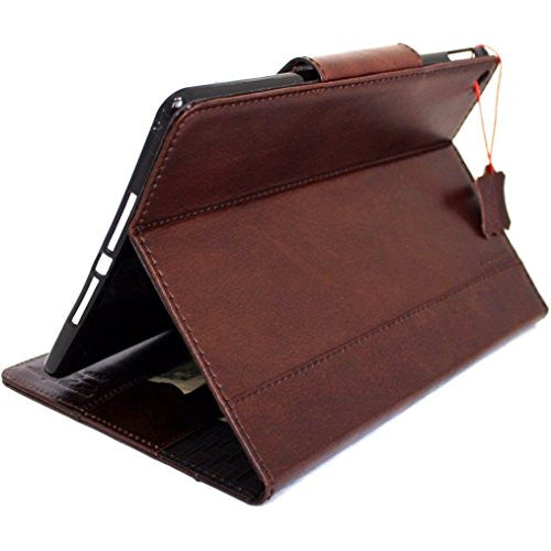 Brown genuine leather iPad Pro 12.9 case by DAVISCASE, with handbag style design, stand feature, and credit card slots.