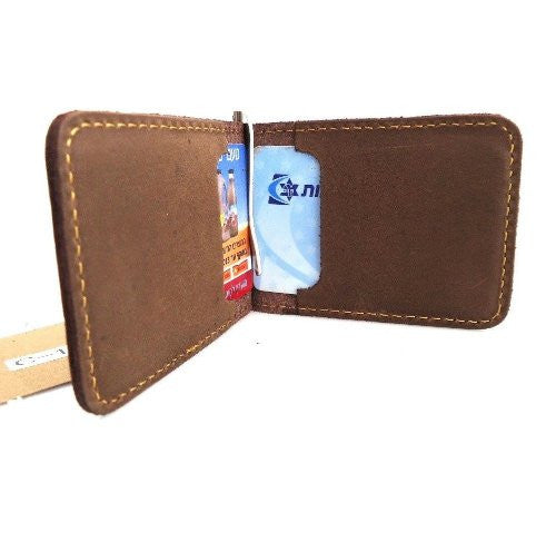 Genuine buffalo leather men's mini wallet with card slots and ID pocket, compact and lightweight style for carrying cash and cards.