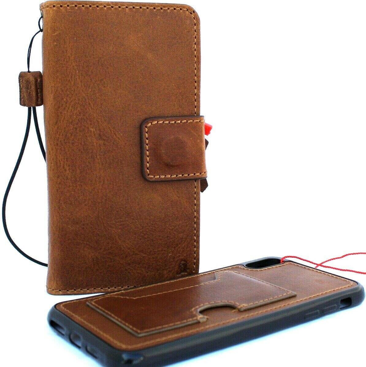 Handmade genuine leather iPhone XS Max case with wallet design, soft rubber stand, and wireless charging compatibility by DAVISCASE.