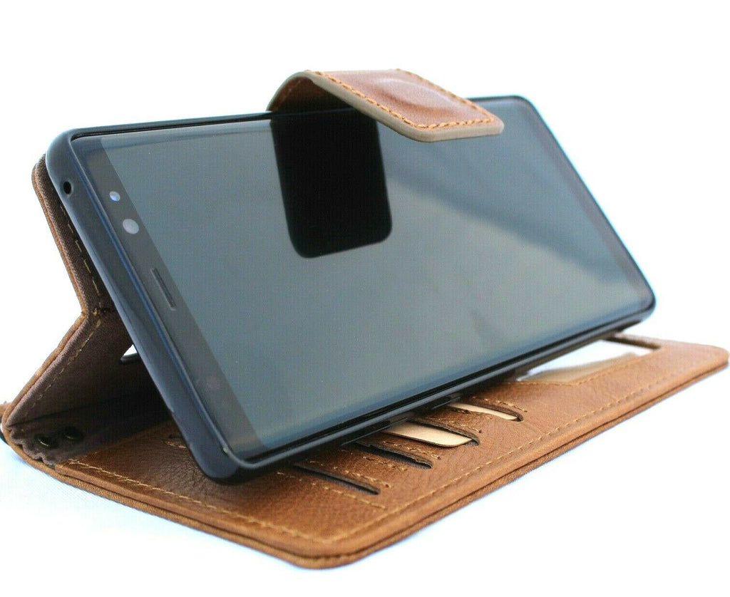 Genuine full tanned leather Samsung Galaxy Note 10 Plus book wallet case with card slots, removable ID window, and wireless charging compatibility.