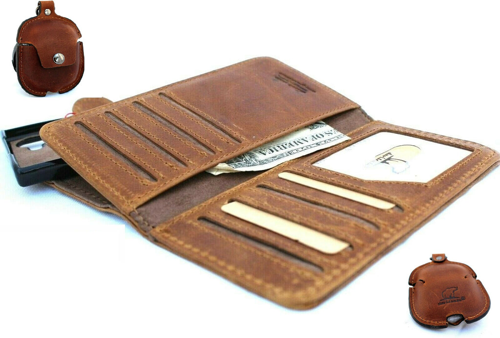 Handmade genuine leather Samsung Galaxy Note 10 wallet case with window, stand, and removable AirPods 2 holder, vintage style.