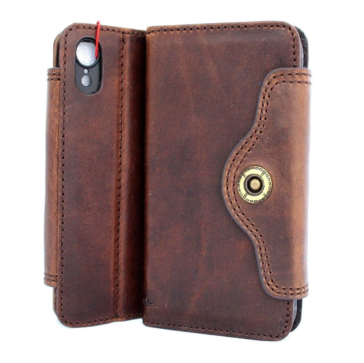 Vintage leather wallet case for Apple iPhone XR by DAVISCASE, soft genuine leather with slim book-style design and card slots.