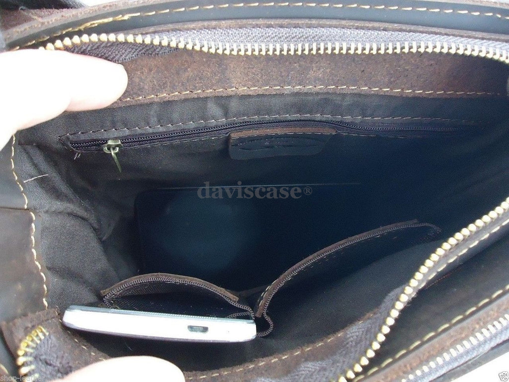 Genuine vintage brown leather men's messenger bag with shoulder strap, crossbody design, by DAVISCASE.
