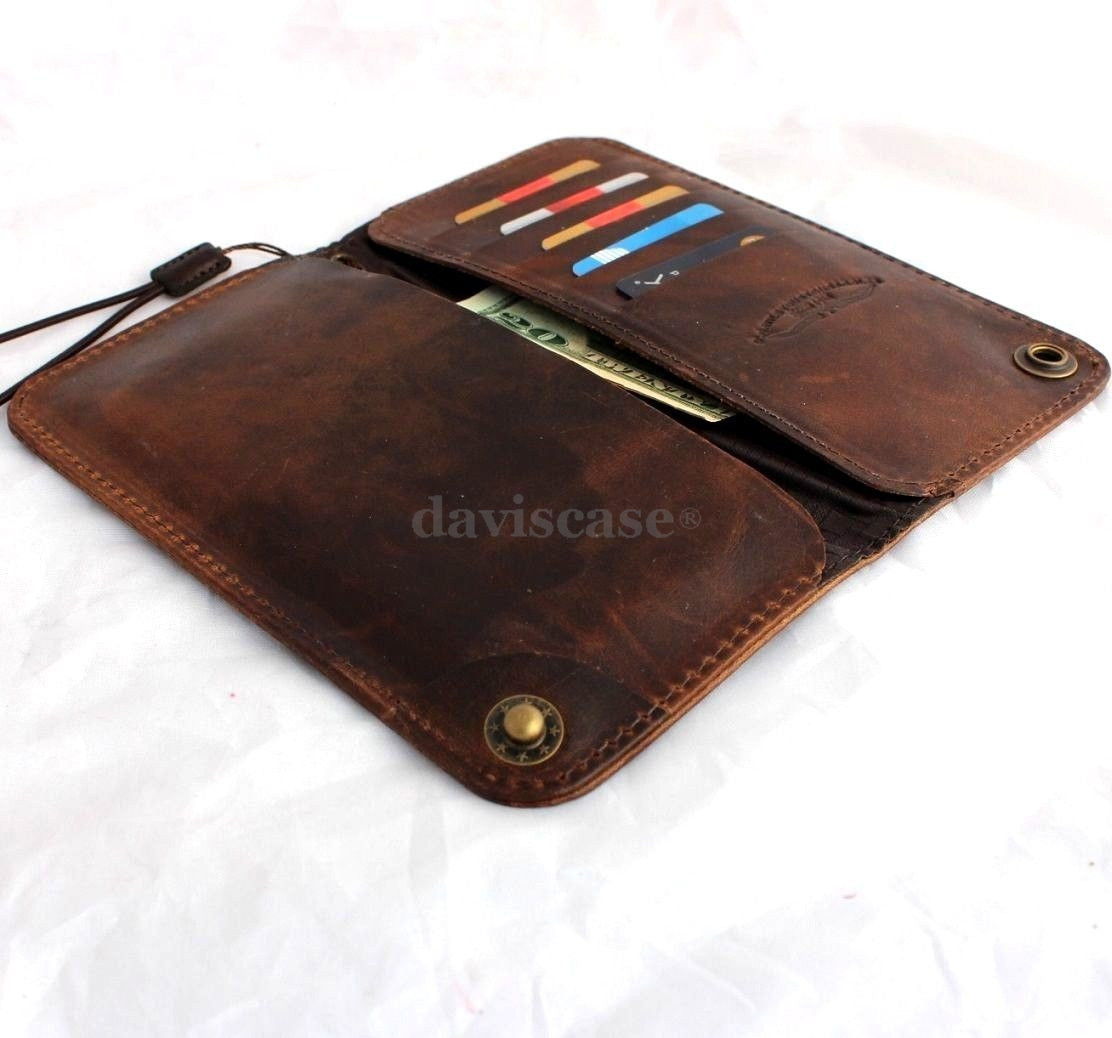 Handmade genuine Italy leather iPhone 6 flip case with wallet, ID, and credit card slots in a luxurious black design.