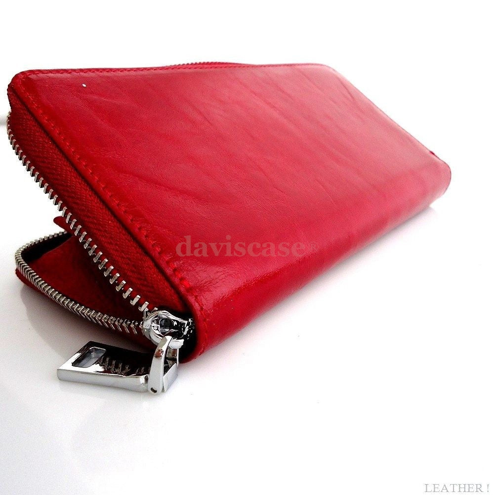Red genuine leather women's tote wallet with zipper, coin pocket, credit card slots, and space for money, by DAVISCASE.