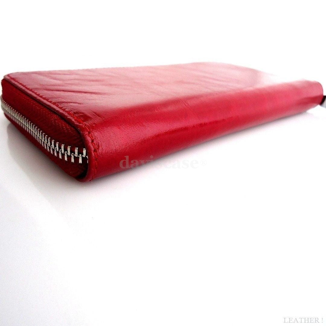 Red genuine leather women's tote wallet with zipper, coin pocket, and credit card slots by DAVISCASE.
