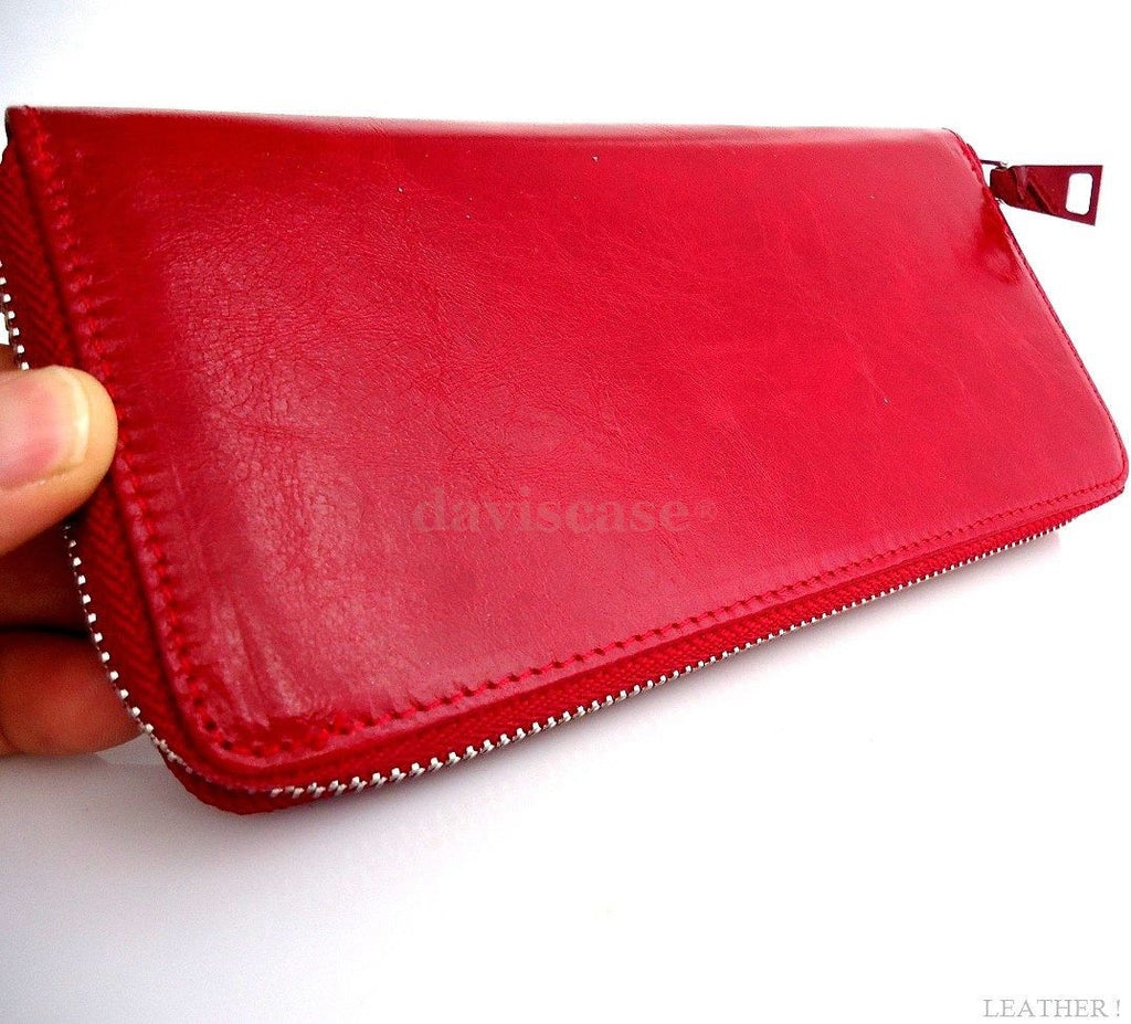 Red genuine leather women's tote wallet with zipper, coins pocket, credit card slots, and money compartment by DAVISCASE