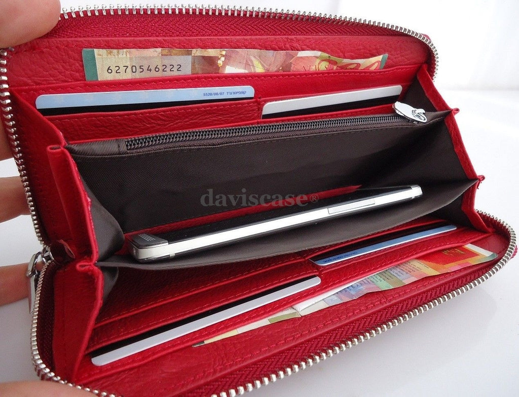 Red genuine leather women's tote wallet with zipper, coin pouch, and credit card slots from DAVISCASE.