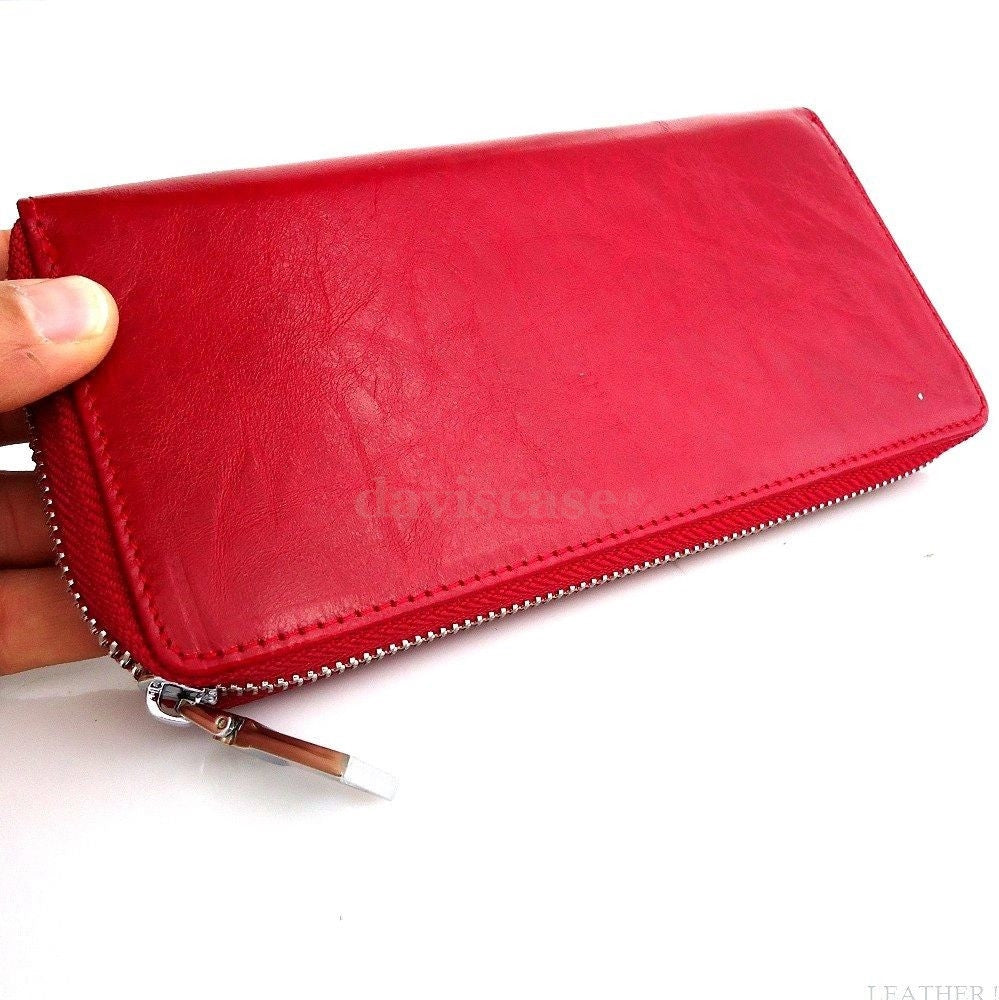 Red genuine leather women's wallet and tote bag with zipper, coins pouch, credit card slots, and space for money by DAVISCASE.