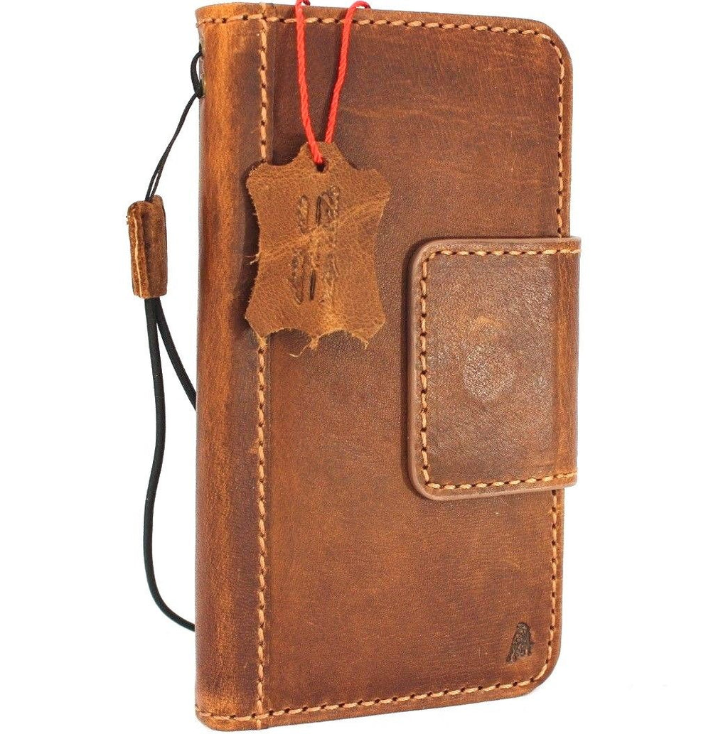 Genuine vintage tan leather Samsung Galaxy S9 Plus wallet case with magnetic closure, card slots, and strap by DAVISCASE.