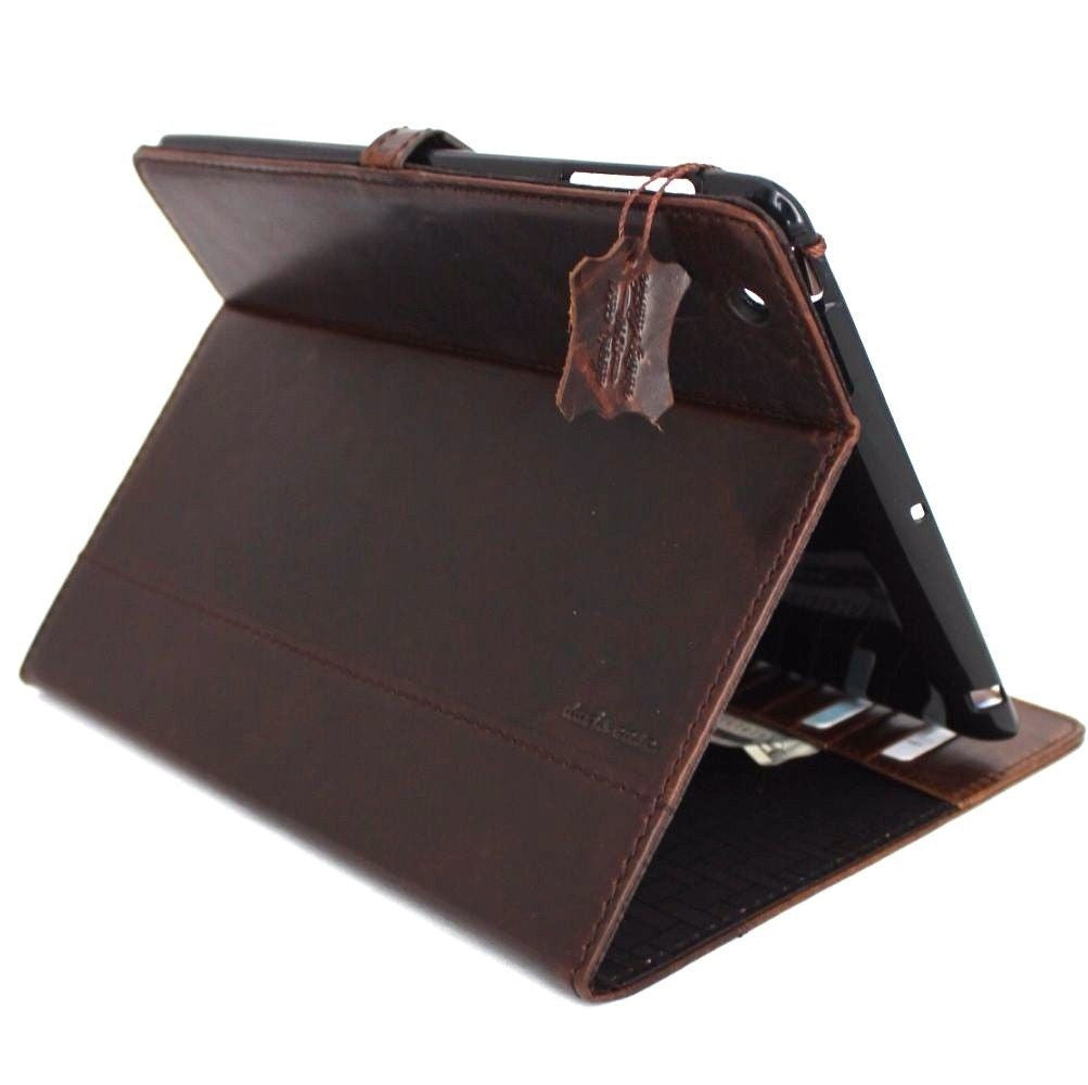 Brown genuine leather iPad Pro 12.9 case by DAVISCASE with card slots, stand feature, vintage style, slim design for model A1584/A1652.