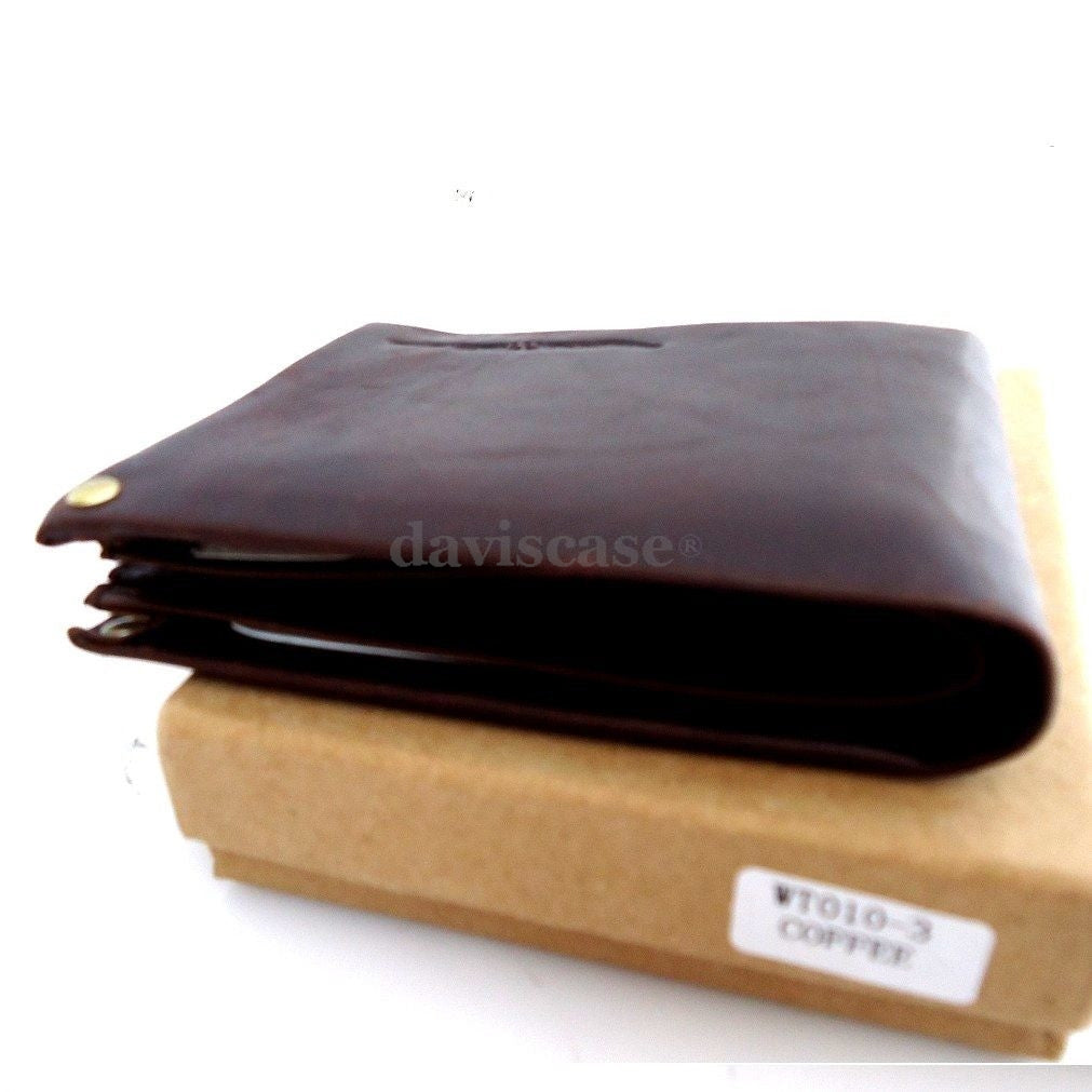 Men's brown full leather wallet by DAVISCASE with 3 credit card slots, 3 bill compartments, and an ID window.