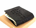 Black men's full leather wallet with crocodile texture, 4 card slots, ID window, and 2 bill compartments in slim design.