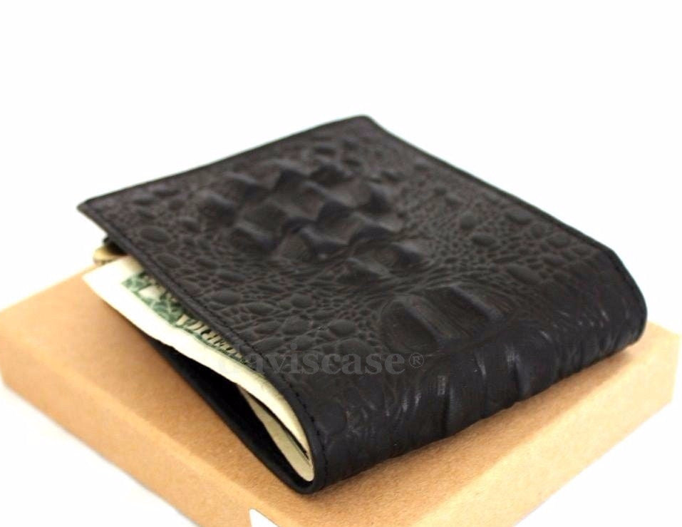 Black men's full leather wallet with crocodile texture, 4 card slots, ID window, and 2 bill compartments in slim design.