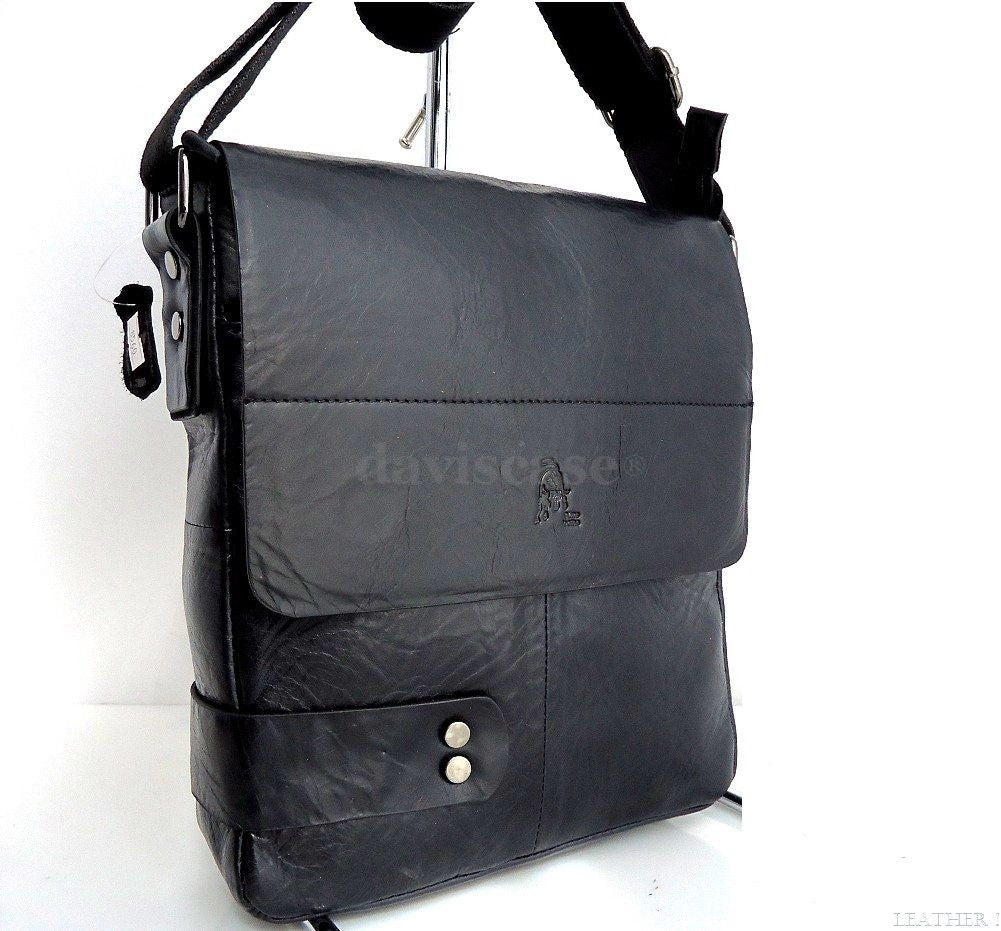 Black men's PU leather messenger bag with laptop compartment, stylish business design, ideal for professionals and commuters.