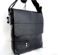 Black men's PU leather messenger bag with laptop compartment, stylish business design, ideal for professionals and commuters.
