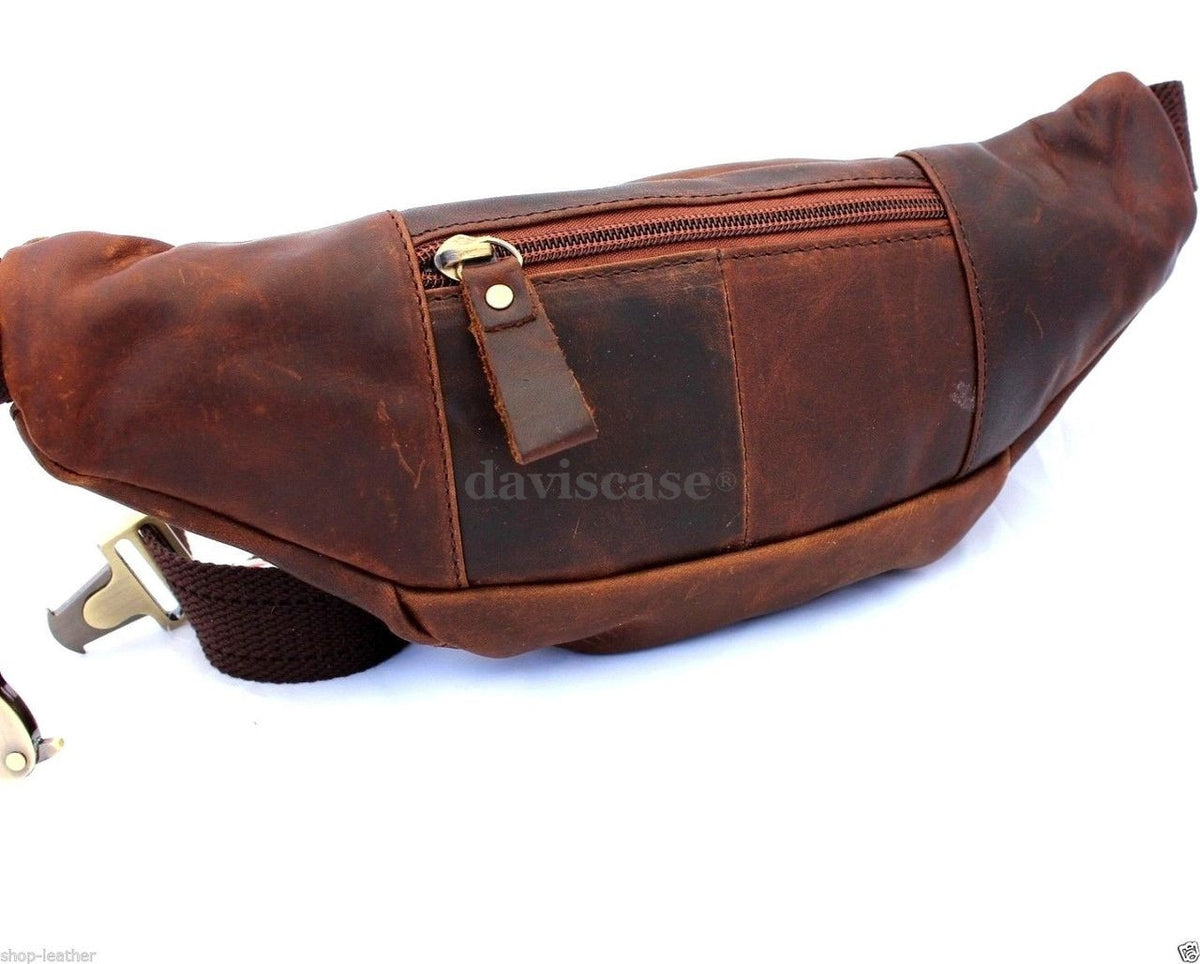 Genuine vintage leather men's waist pouch and backpack with cellphone pocket, coin compartment, and sling design by DAVISCASE.