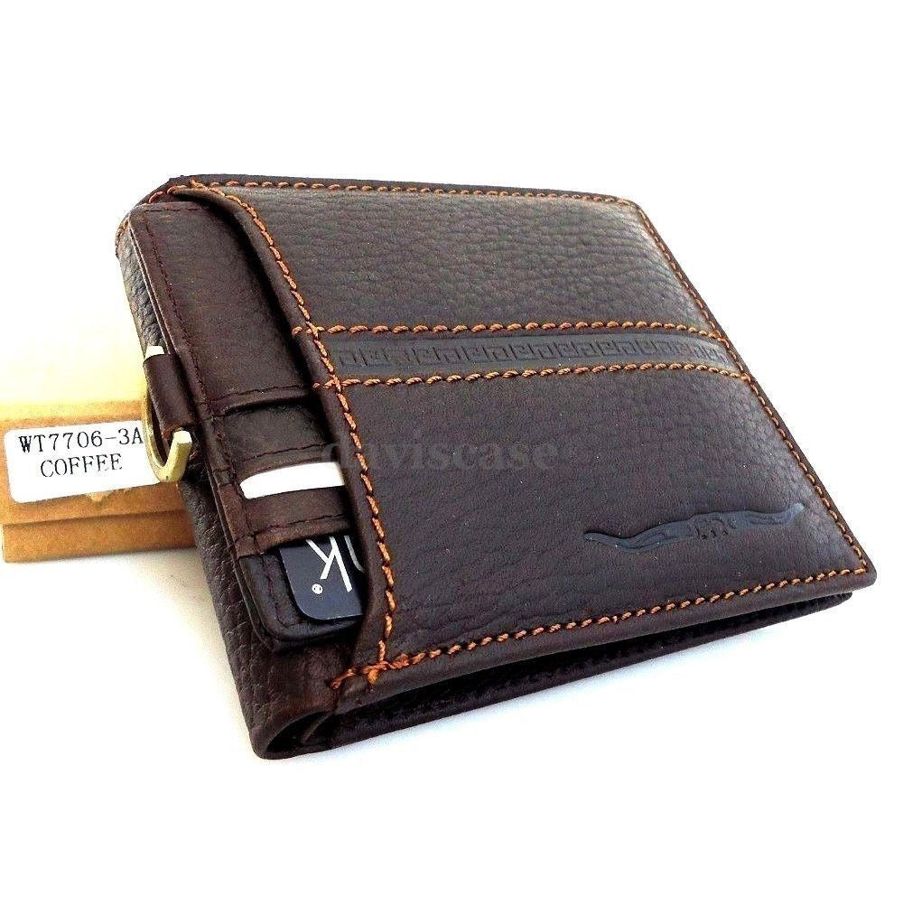 Men's genuine leather bifold wallet with card and money compartments, designed for secure storage and everyday use.