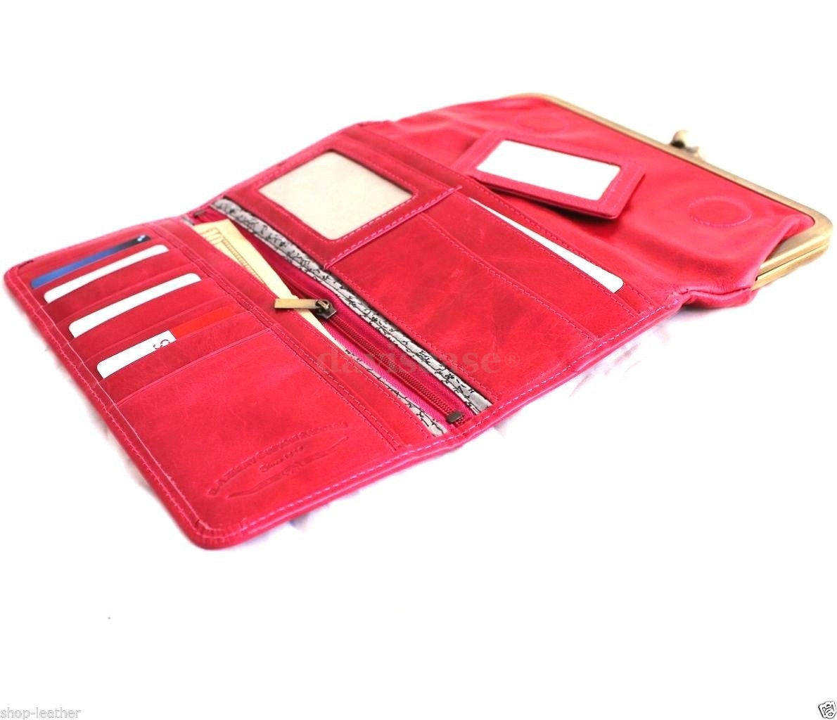 Pink genuine leather women's wallet with card slots, coin purse, and clutch design by DAVISCASE.