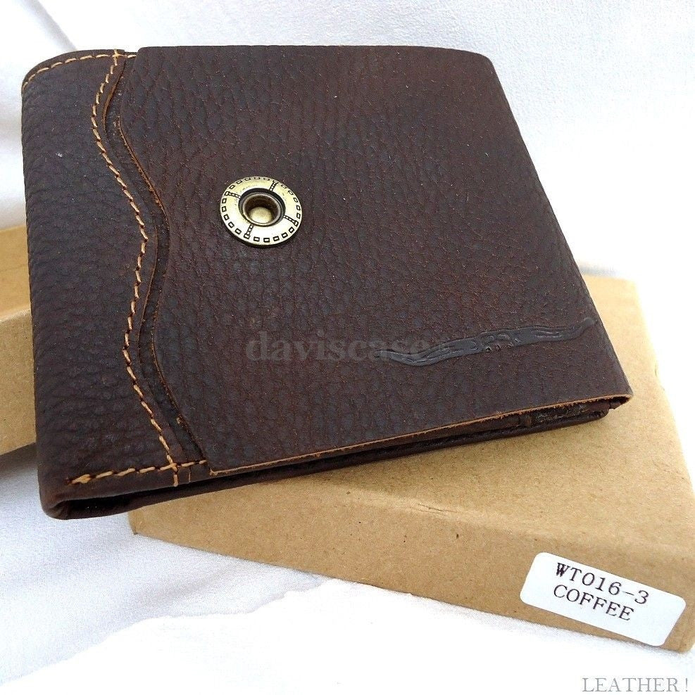 Men's brown full leather wallet with 3 credit card slots, 1 ID window, and 3 bill compartments by DAVISCASE.
