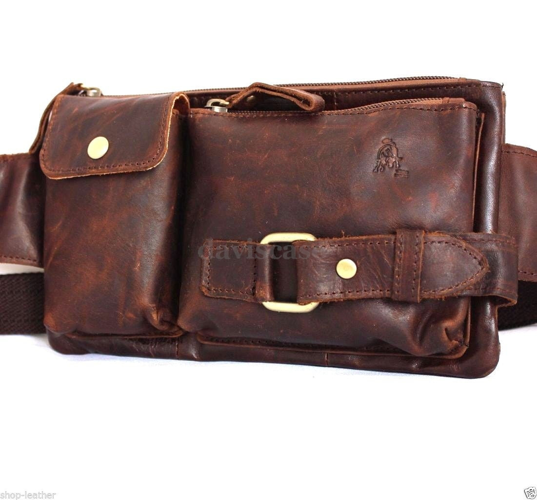 Mens genuine oiled Italian leather wallet bag with pocket, waist pouch, and crossbody strap by DAVISCASE.