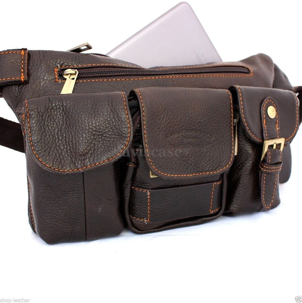 Genuine full leather men's zipper waist pouch sling backpack by DAVISCASE with cellphone compartment and stylish design.