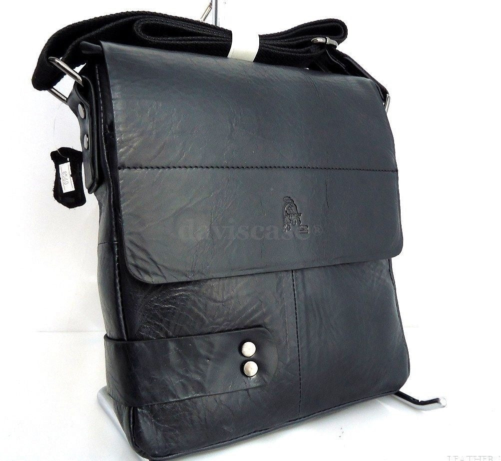 Black men's PU leather messenger bag with business design, suitable for laptops and professional use, featuring a stylish tote style.