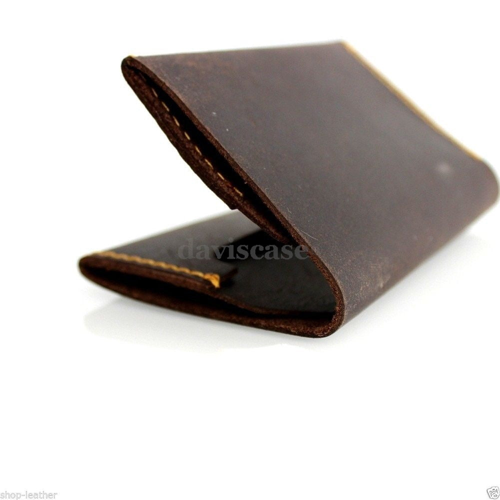Men's brown leather credit card case by DAVISCASE with 2 card slots, 2 slip pockets, and a bill compartment.