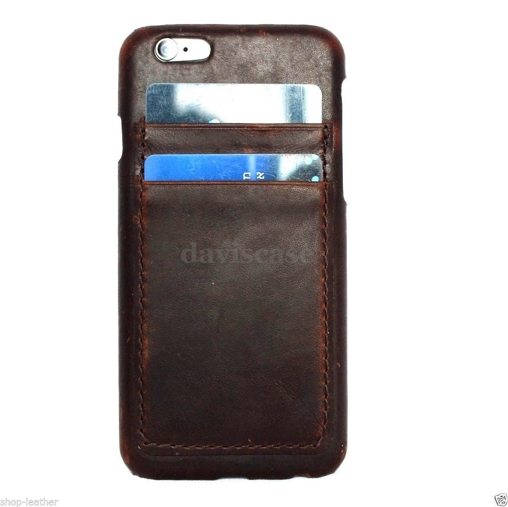 Handmade genuine Italy oiled leather iPhone 6 Plus case with wallet-style cover and credit card slots in black leather.