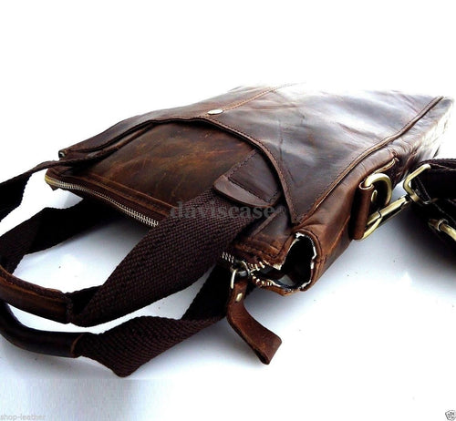 Genuine dark brown leather men's messenger bag by DAVISCASE, retro style crossbody shoulder satchel with detailed stitching.