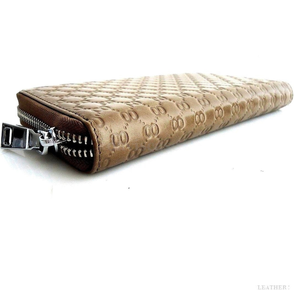 Beige genuine leather women's tote wallet with zipper, coin pocket, credit card slots, and hand strap by DAVISCASE.