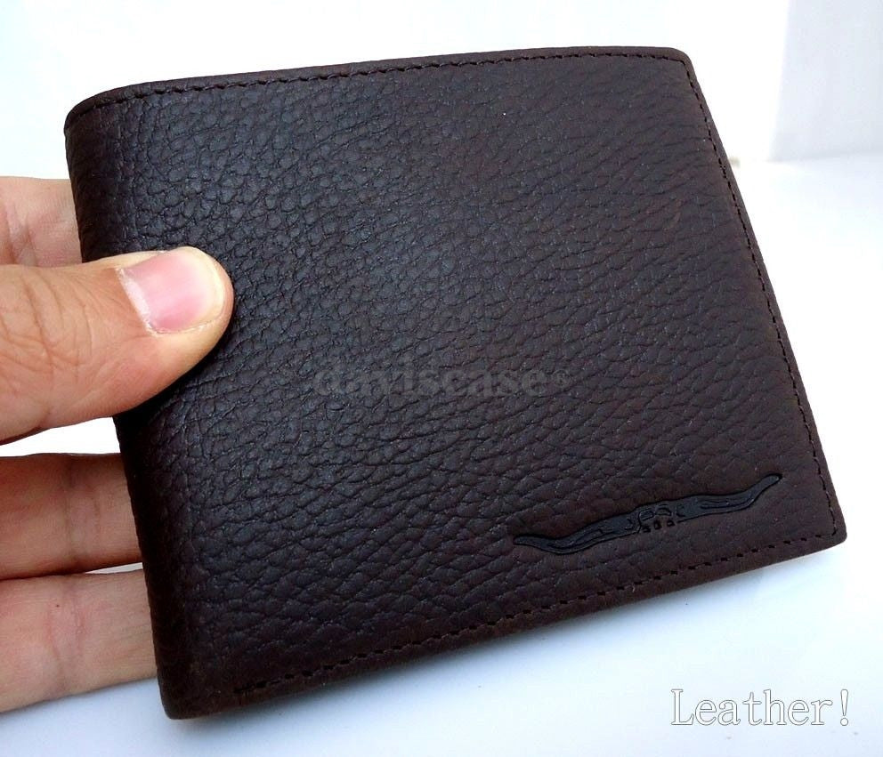 Men's brown DAVISCASE leather wallet with 8 card slots, ID window, and 3 bill compartments, soft full leather finish.
