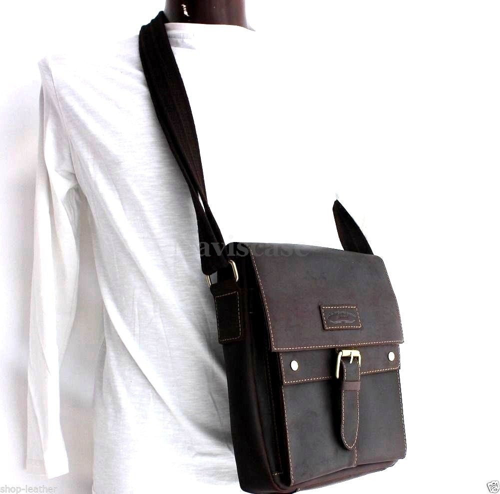 Genuine vintage brown leather men's messenger shoulder bag by DAVISCASE, with crossbody strap and classic satchel style.