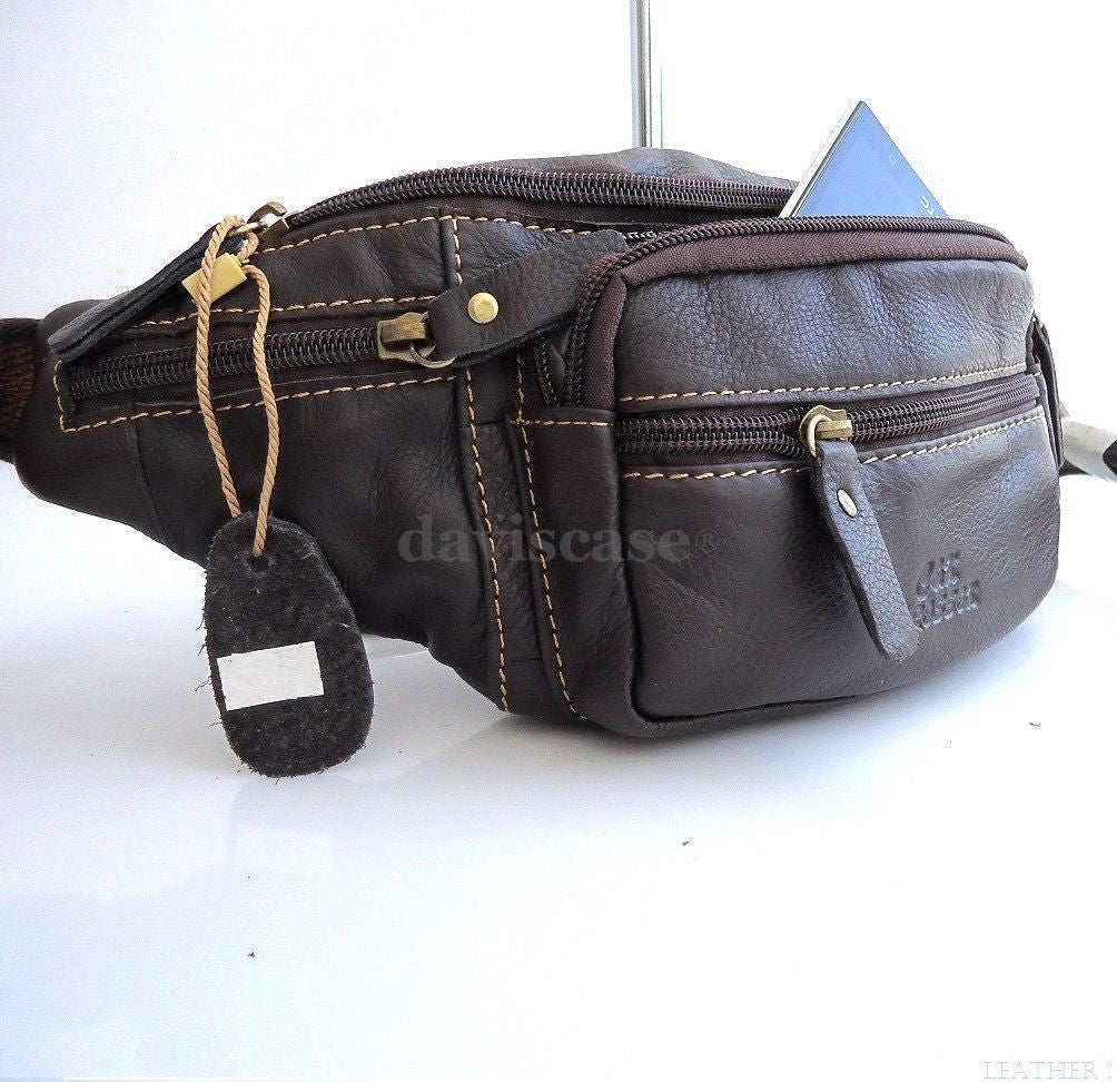 Genuine natural leather men's shoulder wallet bag and waist pouch by DAVISCASE, featuring compact pocket design for essentials.
