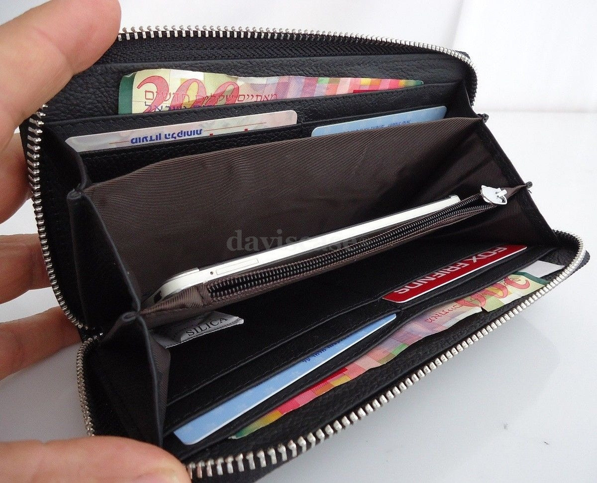Women's genuine leather wallet and clutch purse with bowknot design, zip closure, bifold style, and card slots.