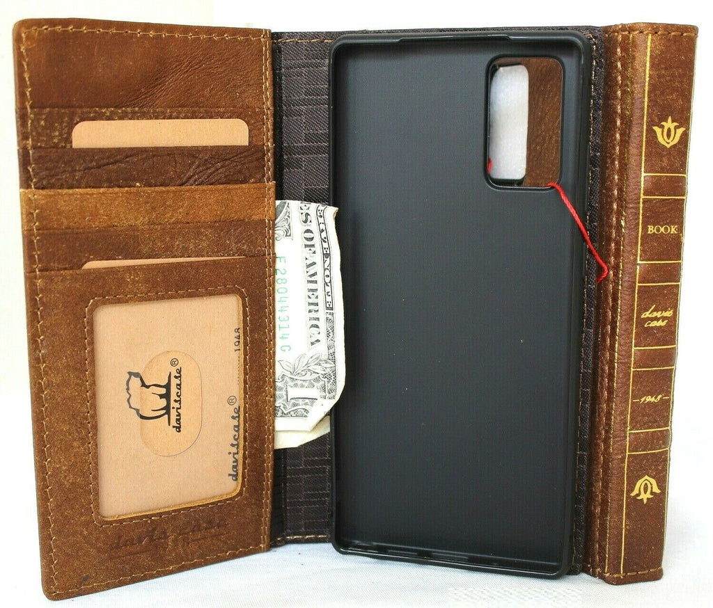 Genuine leather Bible-style case for Samsung Galaxy Note 20 5G by DAVISCASE, with card slots, wireless charging holder, and tanned leather finish.