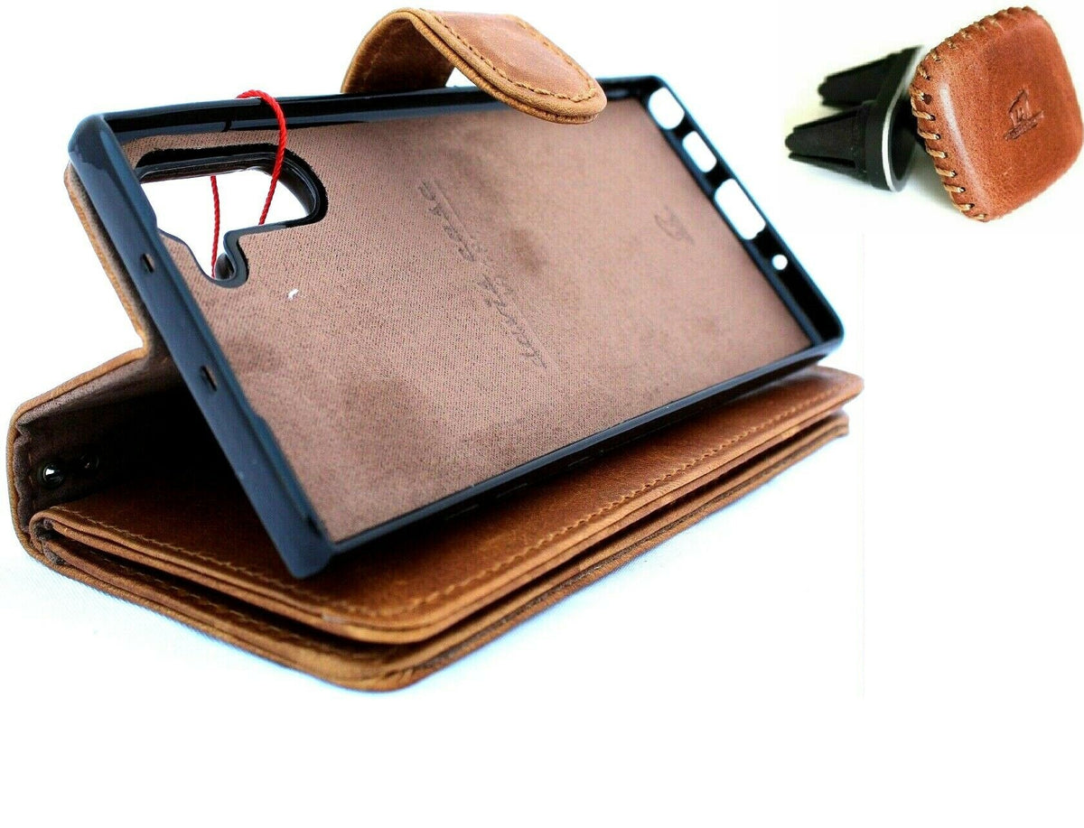 Handmade genuine leather wallet case for Samsung Galaxy Note 10 with window, soft stand, magnetic car holder, and removable design.