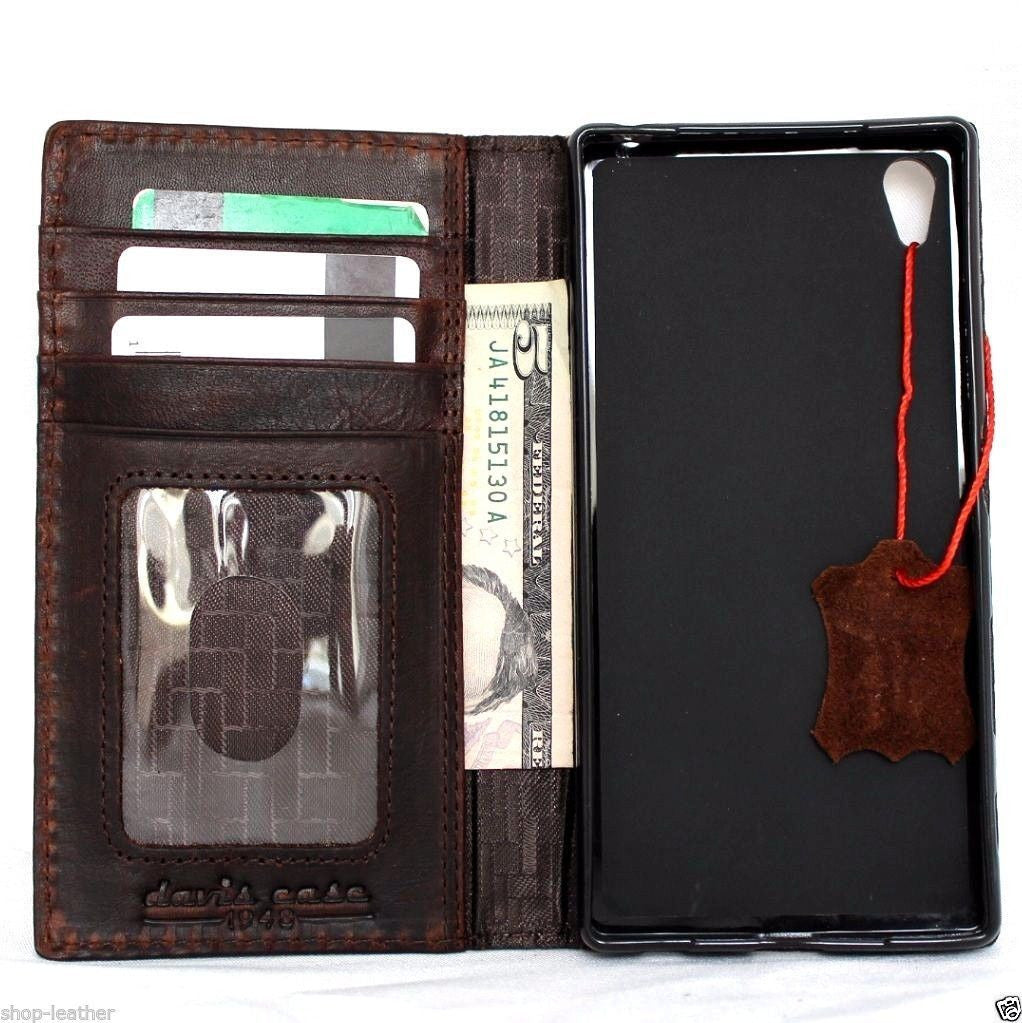 Genuine vintage brown leather Sony Xperia 1 V wallet case with card slots, handmade luxury slim cover, book style design.
