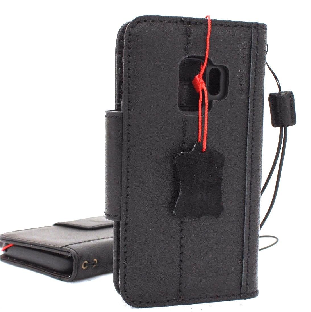 Genuine Italian leather wallet case for Samsung Galaxy S9, handmade magnetic cover in black with book-style design.