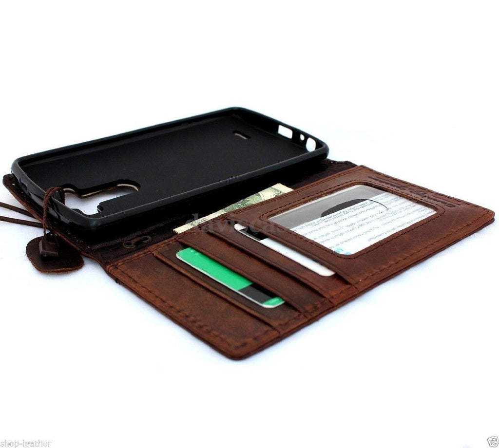 Genuine Italian leather hard case for LG G3 phone, handmade brown slim wallet cover with a luxurious, textured finish.