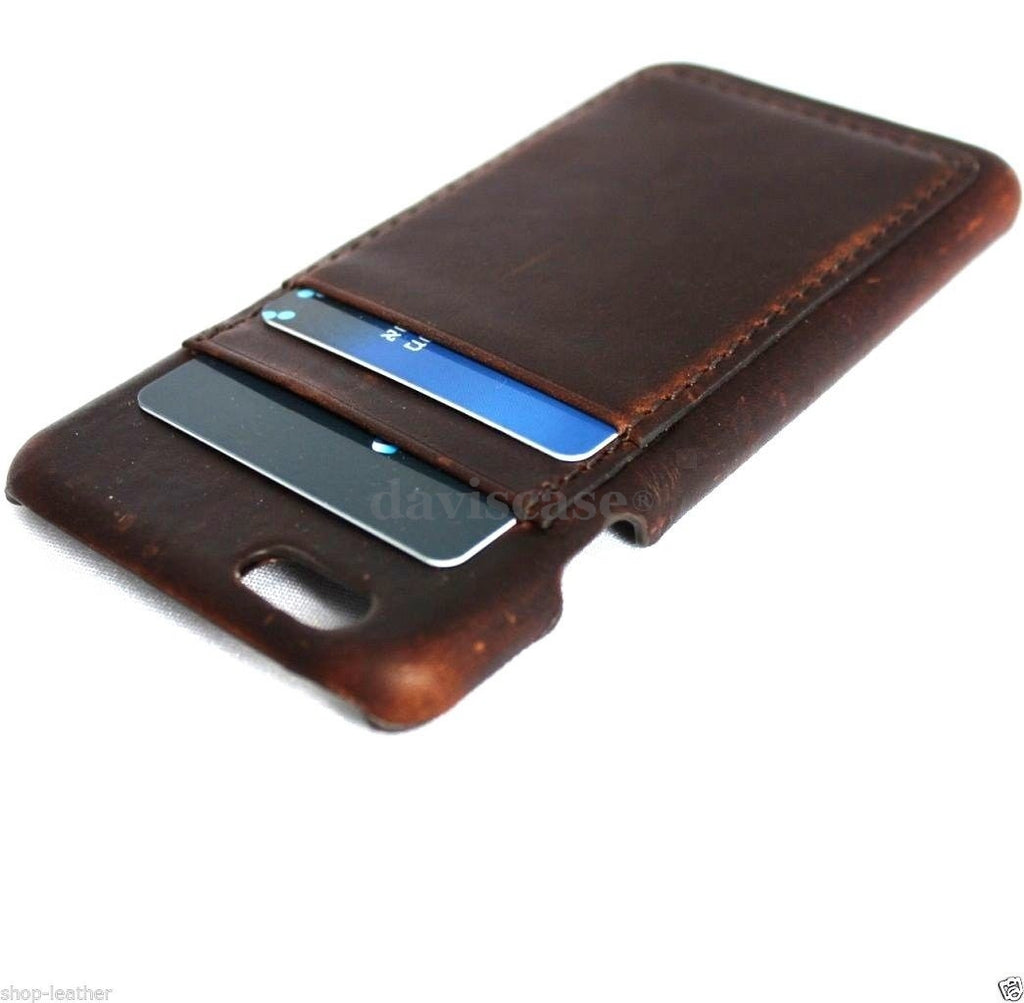Handmade genuine Italy oiled leather iPhone 6 Plus case with wallet design, credit card slots, in dark brown color.