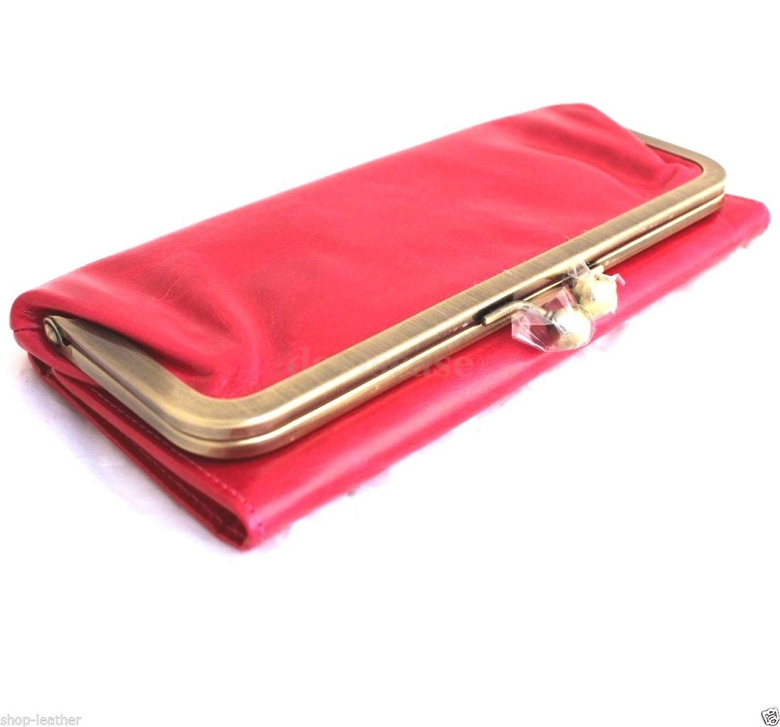 Pink genuine leather women's wallet by DavisCase with card slots, coin pocket, and clutch design.