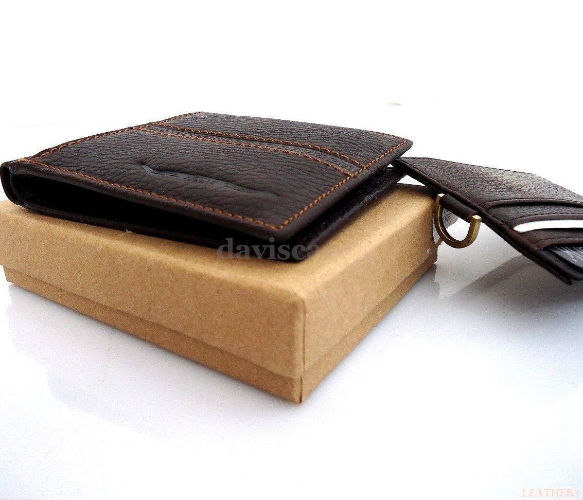 Men's genuine leather bifold wallet with card slots and money holder, featuring a sleek trifold design in classic brown.
