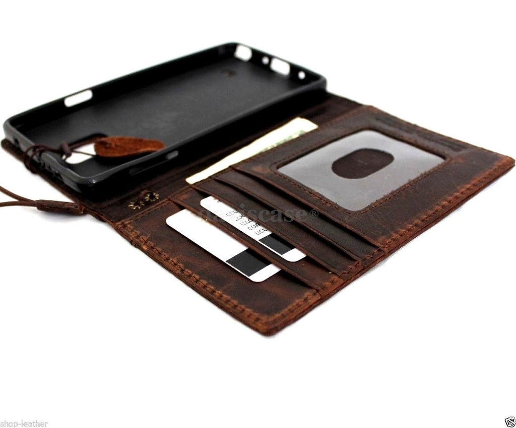 Genuine vintage brown leather hard case for Galaxy Note 4 with card slots, wallet style, slim and handmade by vendor-unknown.