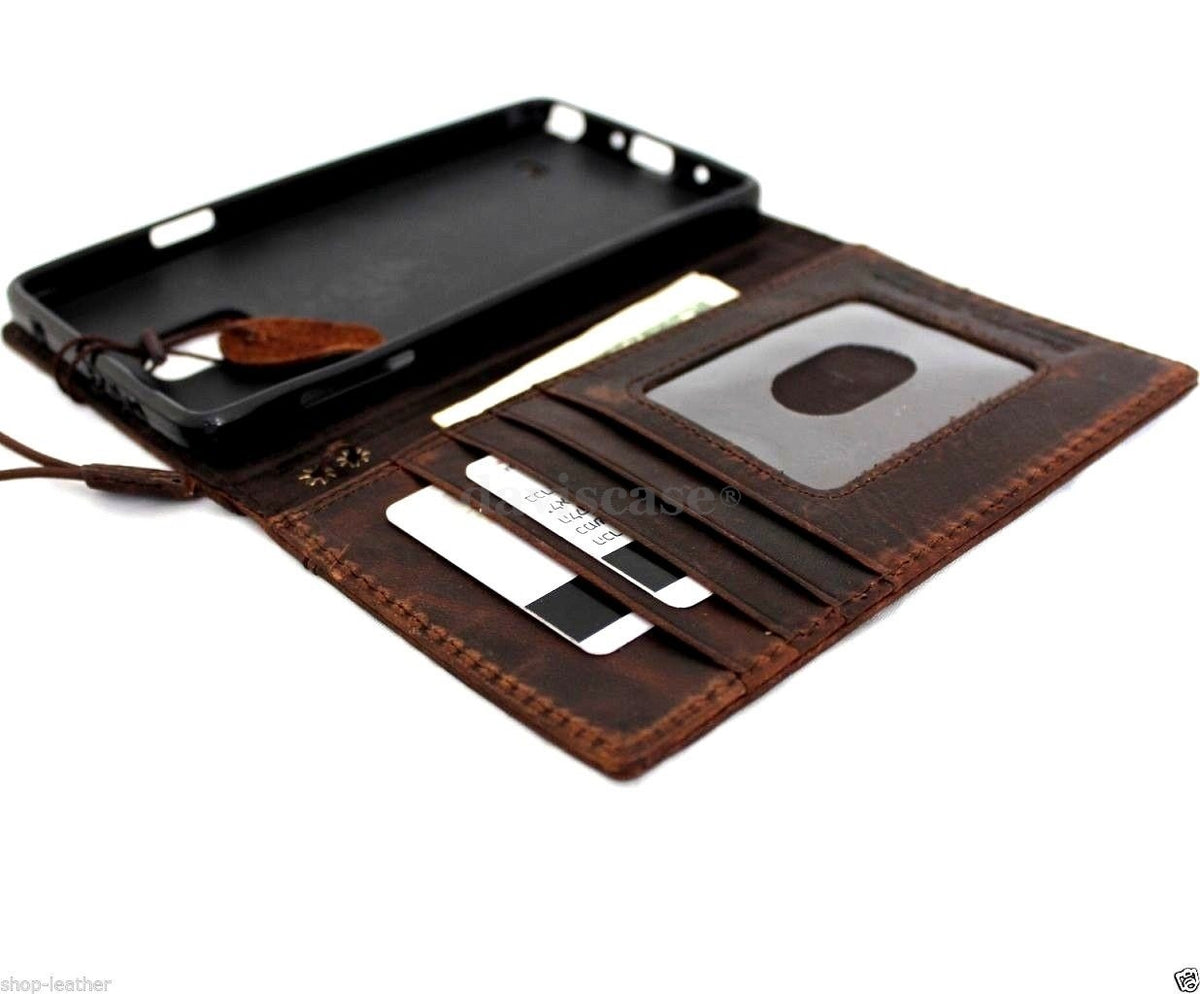 Genuine vintage brown leather hard case for Galaxy Note 4 with card slots, wallet style, slim and handmade by vendor-unknown.