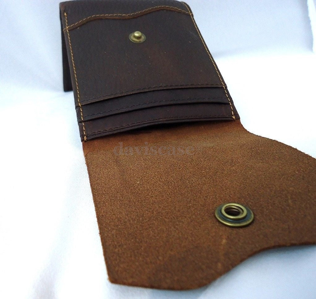 Men's full brown leather wallet by DAVISCASE with 3 credit card slots, ID window, and 3 bill compartments.