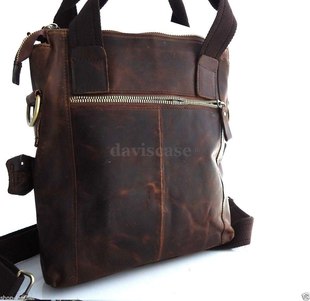 Genuine dark brown leather men's messenger bag by DAVISCASE, retro style crossbody shoulder satchel with classic design.